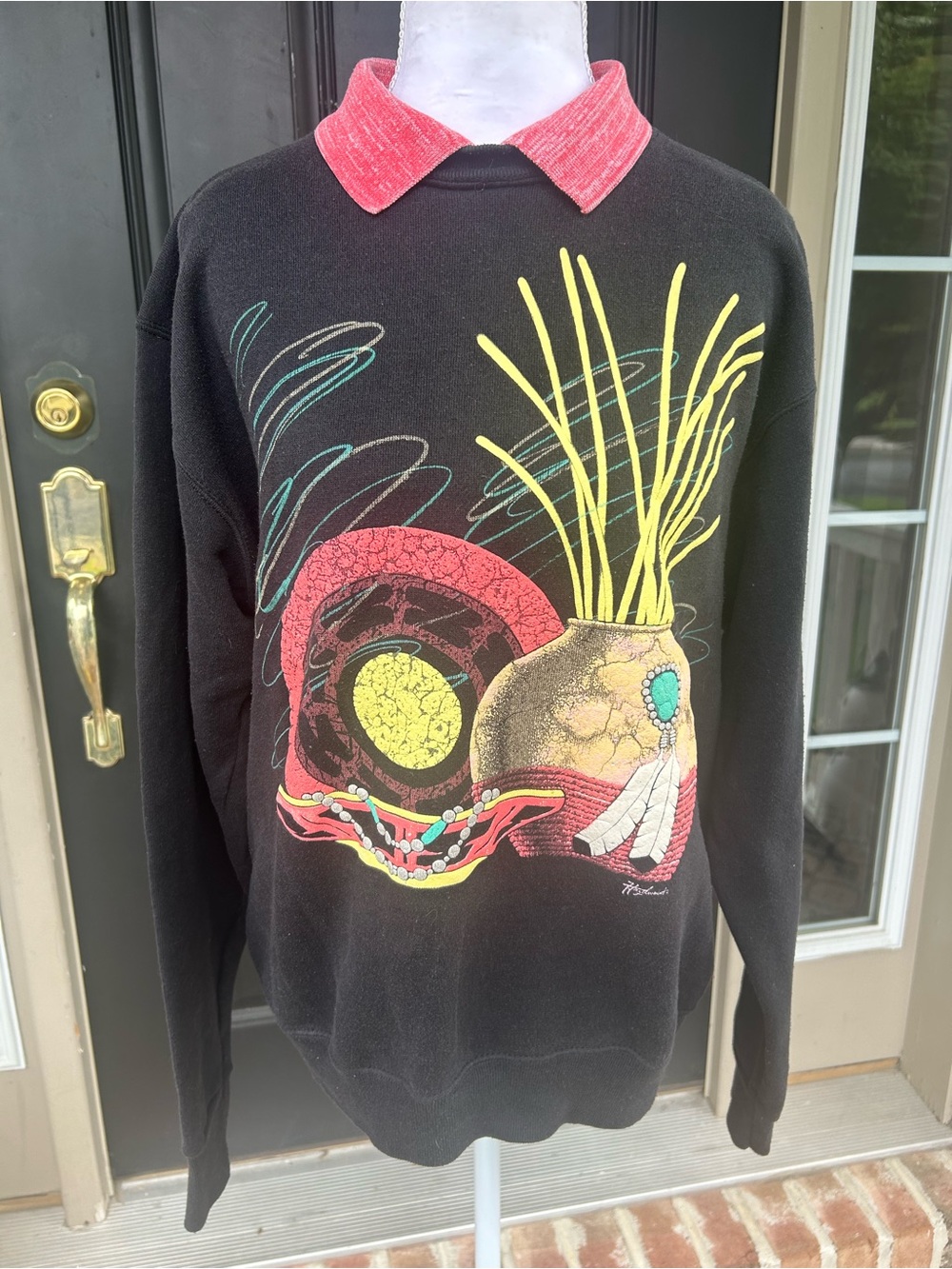 Vintage 90s Hazelwood collared sweatshirt Southwestern Native American pottery M